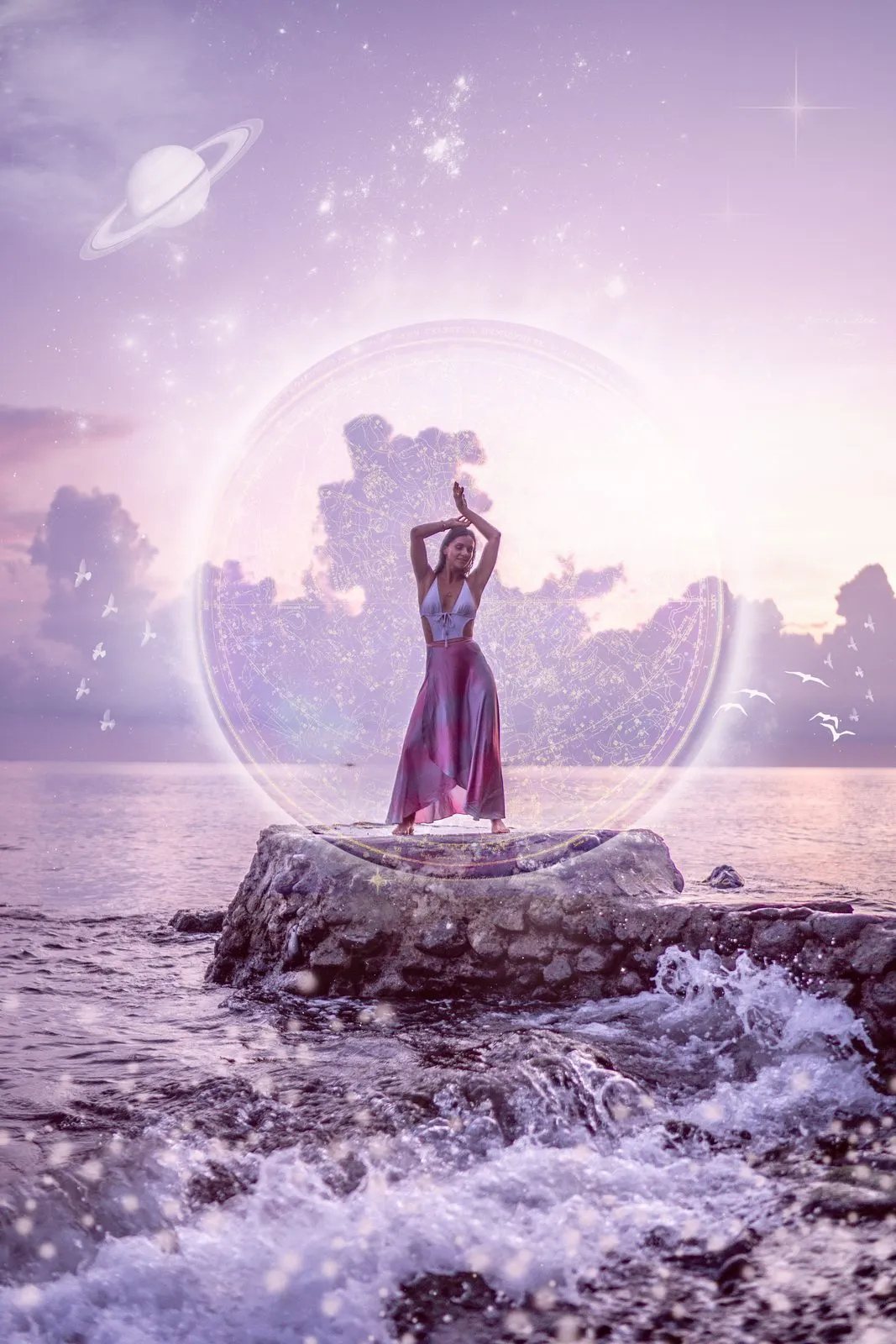 Sacred art: a woman on a rock in the surf inside a sphere of light, a ringed planet and a lilac sky above
