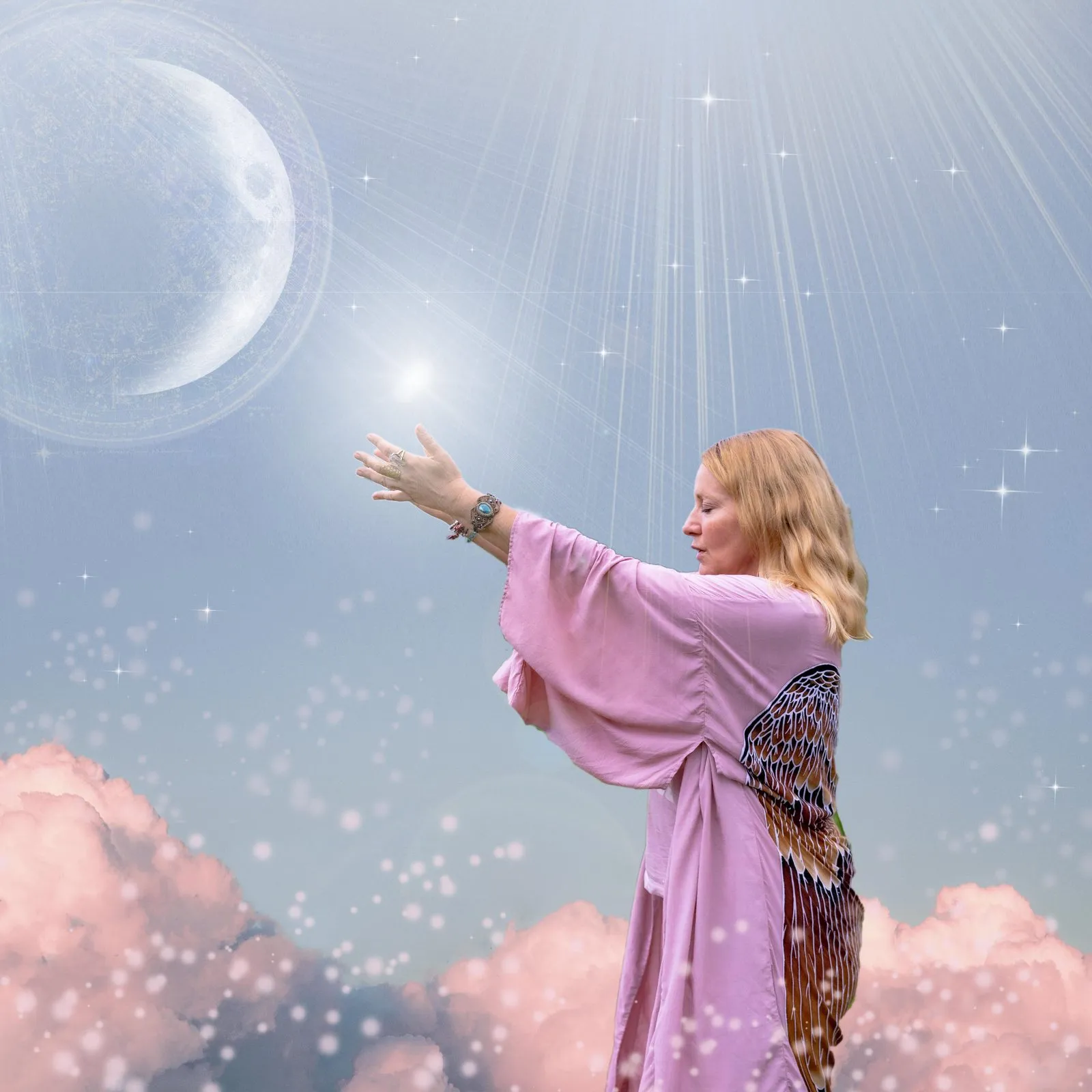 Sacred art: a woman in a lilac robe reaching for a star among pink clouds, a crescent moon above