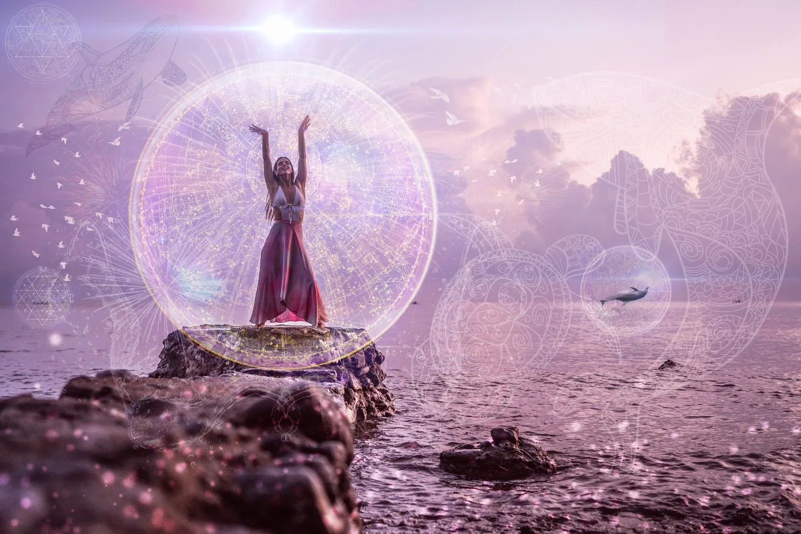 Sacred art: a woman in red on a rock in the sea with her arms raised, a sphere of light and a whale in the water beyond