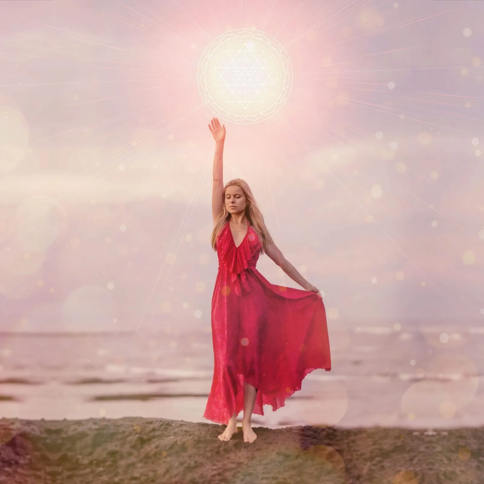Sacred art: a woman in a red dress on the sand reaching up to a glowing sun of sacred geometry