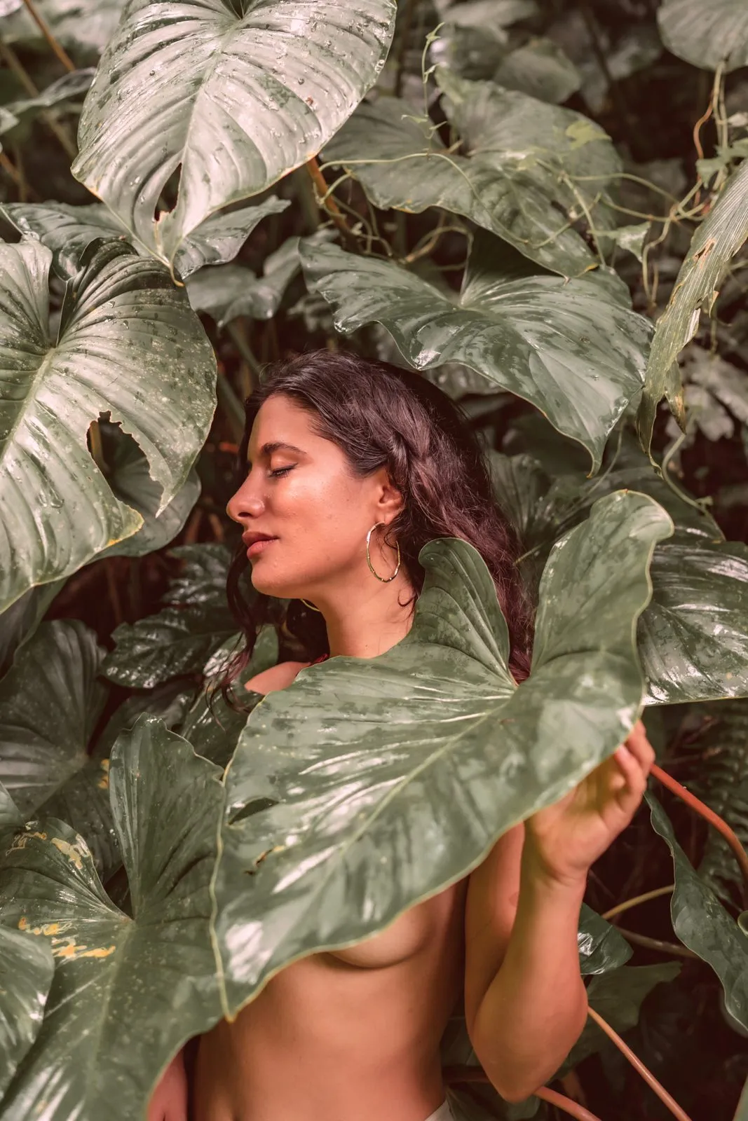 A woman among large monstera leaves with her eyes closed, holding a leaf across her chest