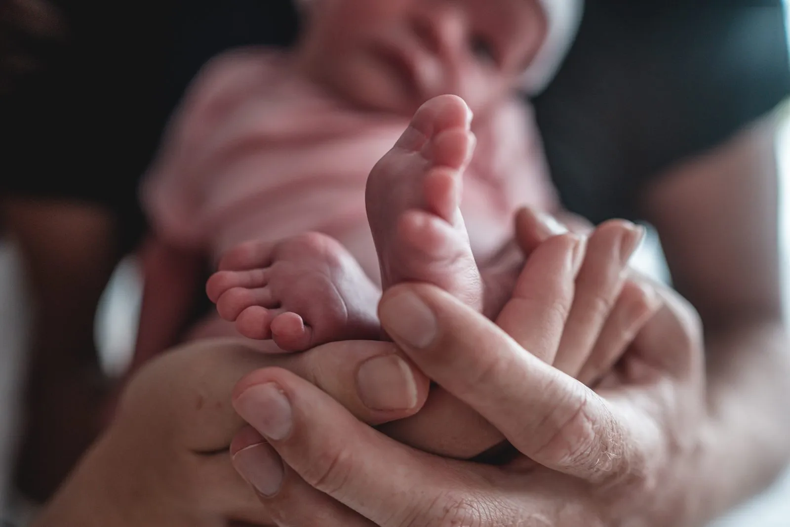 Tiny newborn feet held in a father's hands
