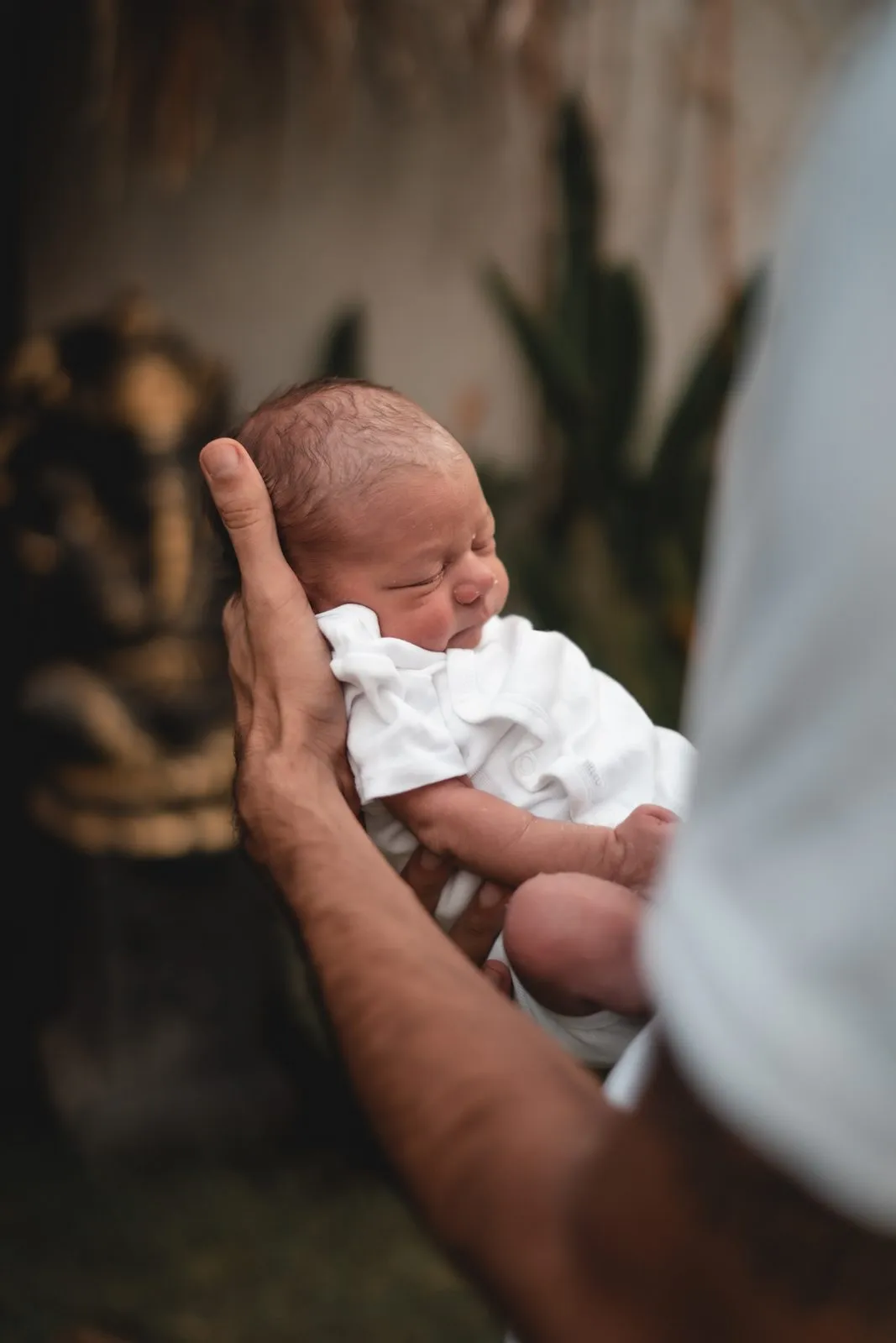 A father's hand cradling the head of his sleeping newborn