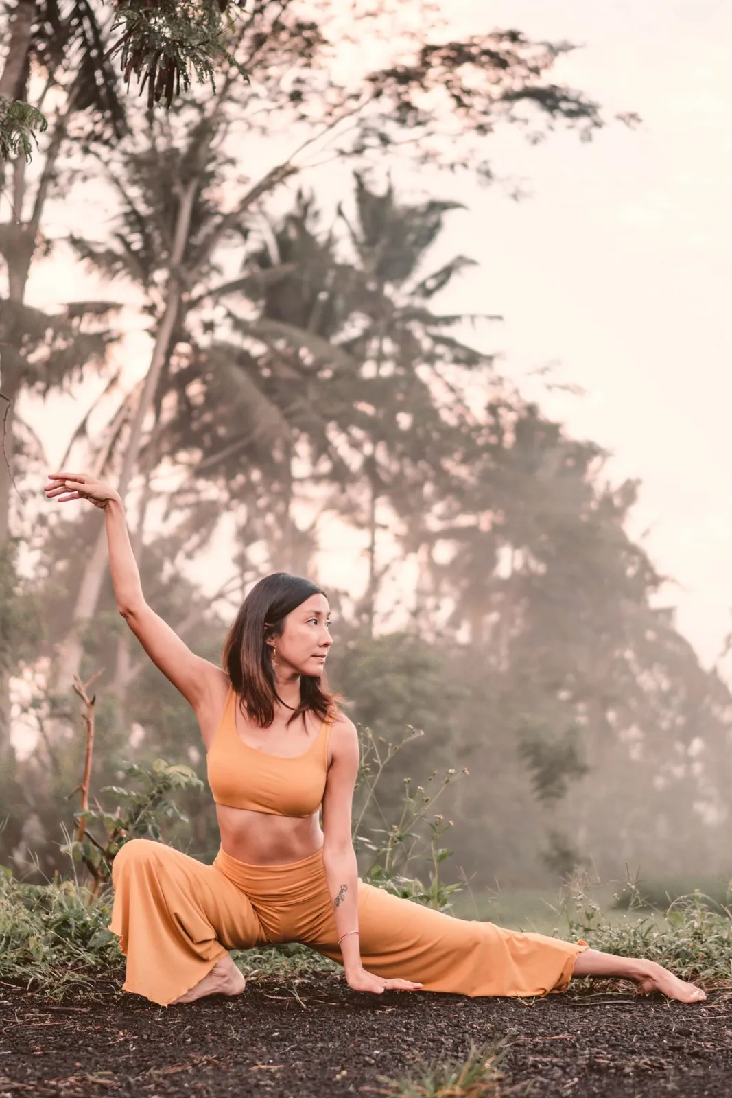 A woman in ochre in a low side lunge on the earth, one arm raised, mist through the palms behind her