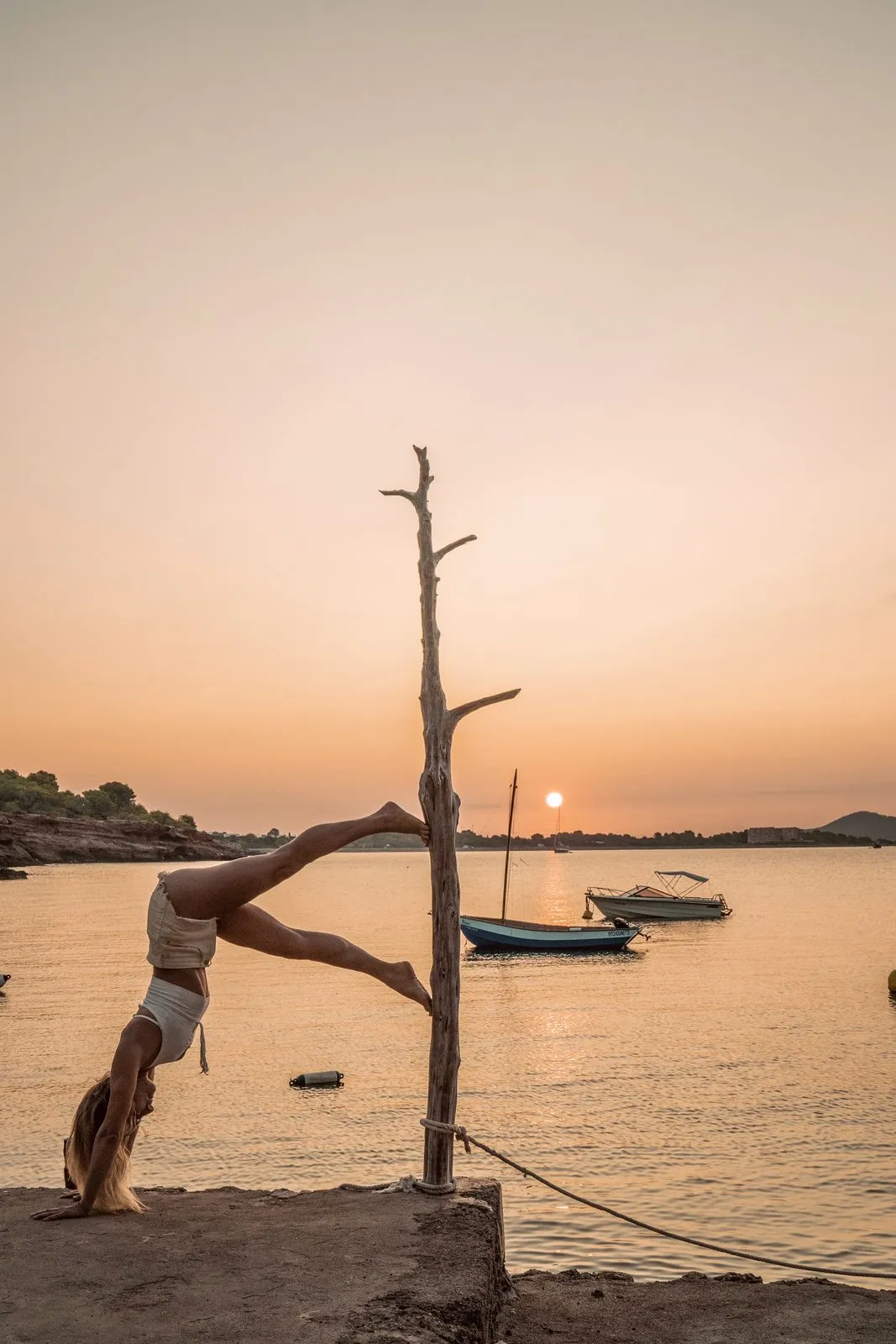 A woman in a forearm balance on a jetty at sunrise, a bare tree and boats on still water behind her